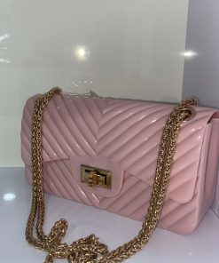 Bolso rosa de PVC con asas y cadena dorada – Estilo elegante y de alta calidad para tus necesidades diarias y fiesta